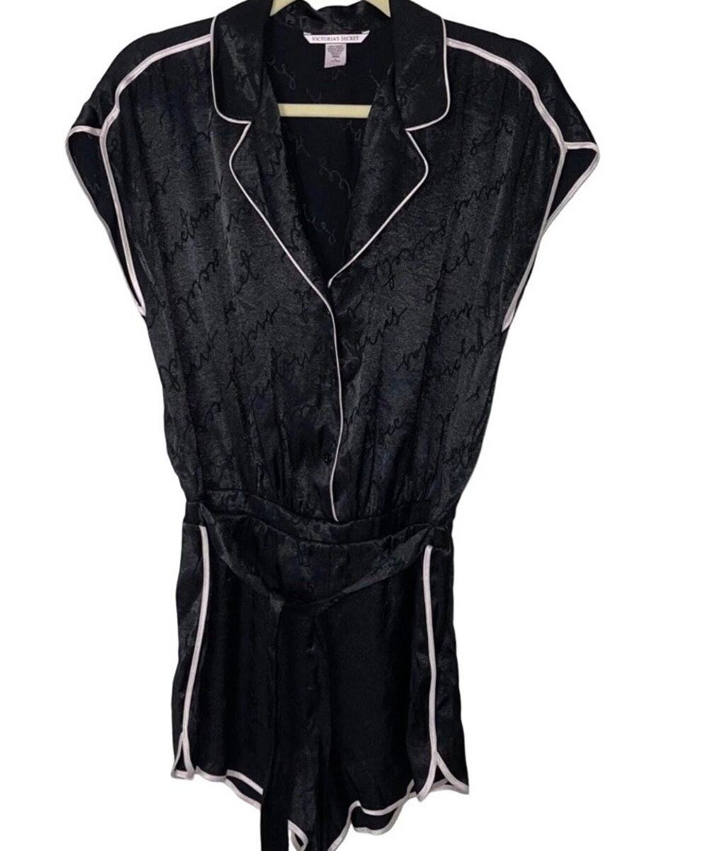 Victoria's Secret Romper Pajamas Womens Medium Black Elastic Waist Satin Logo